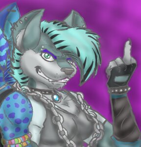 Rating: Safe Score: 0 Tags: anthro bracelet canid canine canis chain clothing e621 female fenni frozen_over gesture gloves half-length_portrait hand_gesture handwear jewelry mammal middle_finger mohawk piercing portrait smile solo wolf User: bunchy7s