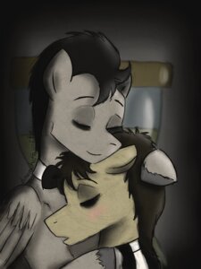 Rating: Safe Score: 0 Tags: 3:4 alternate_species black_hair bow_(feature) bow_tie brown_body brown_feathers brown_hair clothing discorded doctor_whooves_(mlp) dunnowhattowrite duo e621 equid equine eyes_closed feathered_wings feathers friendship_is_magic fur hair hasbro male mammal my_little_pony mythological_creature mythological_equine mythology pegasus shirt_collar wings User: bunchy7s