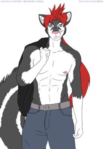 Rating: Questionable Score: 0 Tags: 2008 5_fingers anthro belt biped blue_eyes bottomwear clothed clothing denim denim_bottomwear denim_clothing duo_(character) e621 fingers flat_colors fluffy fluffy_tail front_view fur gloves_(marking) grey_body grey_fur hair holding_clothing holding_object jeans long_hair looking_at_viewer male mammal markings mephitid mistystriker nipples pants pink_nose portrait red_hair shirt simple_background skunk solo standing striped_skunk tail three-quarter_portrait topless topwear white_background white_body white_fur User: bunchy7s