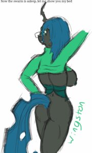 Rating: Questionable Score: 0 Tags: 2013 anthro anthrofied arthropod big_breasts biped breasts butt changeling_(mlp) clothed clothing e621 english_text fangs female friendship_is_magic green_eyes green_hair hair hasbro horn long_hair looking_at_viewer looking_back my_little_pony nipples nude pinup pose queen_chrysalis_(mlp) rear_view shirt simple_background sketch smile solo standing tail teeth text topwear white_background wingston User: bunchy7s