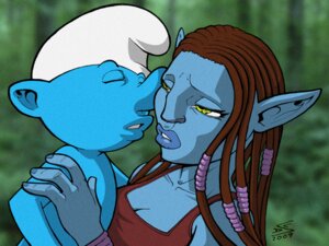 Rating: Safe Score: 0 Tags: 2009 4:3 alien alien_humanoid blue_body breasts brown_hair clothing crossover digital_drawing_(artwork) digital_media_(artwork) drawerofdrawings duo e621 female hair hat headgear headwear humanoid humanoid_pointy_ears imminent_kiss interspecies james_cameron's_avatar kissing lips male male/female na'vi not_furry phrygian_cap pointy_ears smurf the_smurfs thick_lips User: bunchy7s