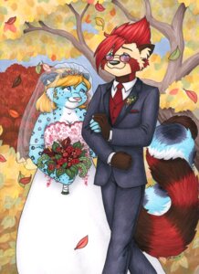 Rating: Safe Score: 0 Tags: accessory anthro autumn autumn_leaves black_nose black_tie_(suit) blonde_hair blue_eyes bride cheetah clothed clothing detailed_background dress duo e621 eyewear falling_leaves felid feline female flower fully_clothed hair leaf male male/female mammal married moredena necktie outside pink_nose plant portrait procyonid raccoon red_hair romantic romantic_ambiance romantic_couple short_hair smile spots stripes suit sunglasses taen tail three-quarter_portrait traditional_media_(artwork) tree veil wedding wood User: bunchy7s