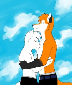 Rating: Safe Score: 0 Tags: anthro black_body black_fur black_nose canid canine clothed clothing cloud duo e621 eyes_closed fayt_(tohfu) fox fur genchi gloves_(marking) happy hug kyo_(tohfu) male male/male mammal markings orange_body orange_fur outside romantic romantic_couple size_difference sky skyscape smile tail topless white_body white_fur User: bunchy7s