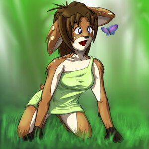 Rating: Safe Score: 0 Tags: 1:1 2007 all_fours ambient_arthropod ambient_butterfly ambient_insect anthro arthropod belly big_ears biped blue_eyes bottomless breasts brown_body brown_fur brown_hair butterfly clothed clothing deer e621 female fur gloves_(marking) hair insect kneeling lepidopteran mammal markings moomanibe open_mouth shirt smile solo spots topwear white_belly User: bunchy7s
