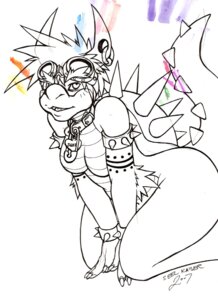 Rating: Questionable Score: 0 Tags: 2007 anthro arm_tuft artist_name biped black_and_white breasts collar collar_only dated e621 elbow_tuft eyebrows eyewear eyewear_on_head featureless_breasts female furgonomic_piercing furgonomics goggles goggles_on_head ground-lion horn horn_piercing kneeling koopa line_art mario_bros monochrome nintendo non-mammal_breasts nude piercing scales scalie simple_background solo spikes spot_color tail text thick_eyebrows thick_tail three-quarter_view tuft ventral_scales white_background wide_hips wristband User: bunchy7s