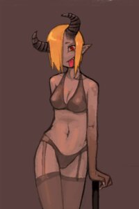 Rating: Questionable Score: 0 Tags: 2:3 bra clothed clothing demon e621 fangs female garter_straps horn humanoid humanoid_pointy_ears legwear not_furry panties pointy_ears solo stockings sugimoto_gang teeth tongue tongue_out underwear User: bunchy7s