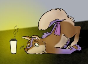 Rating: Questionable Score: 0 Tags: 2011 ass_up beverage canid canine canis coffee domestic_dog e621 farellemoon farellemoon_(character) female feral lying mammal on_front ribbons solo tail User: bunchy7s