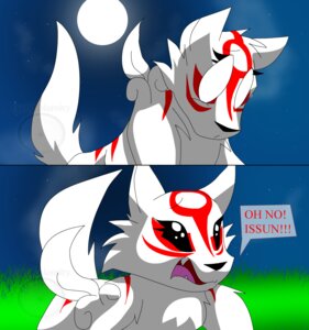 Rating: Questionable Score: 0 Tags: 2008 accidental_vore amaterasu_(okami) canid canine canis capcom clover_studio comic deity digital_media_(artwork) e621 exclamation_point eyeofcalamity female feral fur grass grass_field mammal markings multicolored_body multicolored_fur o_o okami_(capcom) oops plant poncle red_body red_fur red_markings regret sky solo star starry_sky tail two_panel_image two_tone_body two_tone_fur vore white_body white_fur wolf User: bunchy7s