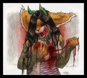 Rating: Explicit Score: 0 Tags: 2006 anthro auto_vore black_border blood bodily_fluids border clothing collar corset d: e621 female female_pred gore grotesque half-length_portrait hard_vore horn langurhali licking licking_lips licking_own_lips lingerie piercing portrait red_eyes self_lick solo tongue tongue_out tongue_piercing topwear traditional_media_(artwork) vera_(artist) vera_(vera) vore what User: bunchy7s
