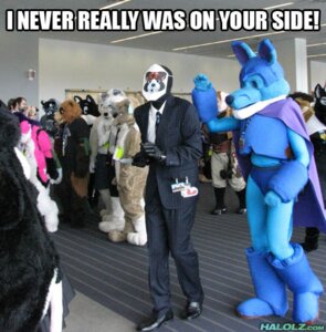 Rating: Safe Score: 0 Tags: accessory anthro cape caption clothed clothing costume e621 english_text fursuit grandfathered_content group human image_macro impact_(font) inside male mammal mask meme necktie real spy_(team_fortress_2) suit team_fortress_2 text unknown_artist valve valve_corporation User: bunchy7s