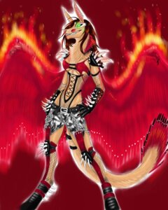 Rating: Questionable Score: 0 Tags: 4:5 absurd_res anthro breasts clothing costume e621 feathers female fire glowing hi_res metal raphian shiko shikoyote solo tail User: bunchy7s