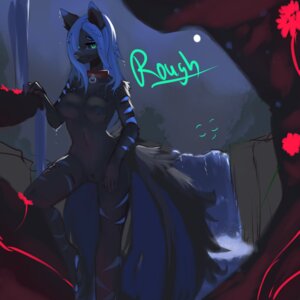 Rating: Explicit Score: 0 Tags: 1:1 anthro blue_hair breasts canid canine collar digital_media_(artwork) e621 female fox genitals green_eyes hair hi_res kanel mammal nude rough_(character) solo stripes tail vulva User: bunchy7s