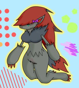 Rating: Safe Score: 0 Tags: accessory anthro blush bow_(feature) bow_accessory bow_ribbon canid canine claws e621 female generation_5_pokemon green_eyes hair hair_accessory hair_bow hair_ribbon hi_res long_hair looking_at_viewer mammal nintendo pokemon pokemon_(species) red_hair ribbons smile solo tail unknown_artist zoroark User: bunchy7s