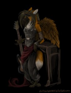Rating: Safe Score: 0 Tags: anthro armor bass_guitar black_background canid canine dipstick_tail e621 feathered_wings feathers female fox guitar koul mammal markings musical_instrument plucked_string_instrument simple_background smile solo string_instrument tail tail_markings wings User: bunchy7s