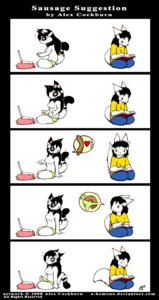 Rating: Questionable Score: 0 Tags: 2008 anthro black_body black_border black_fur black_hair book border canid canine canis clothed clothing comic computer dialogue duo e621 electronics english_text felid female food fur green_eyes hair heart_symbol innuendo laptop male mammal meat o-kemono o-kemono_(character) panties pictographics pussycat_(o-kemono) question_mark red_eyes sausage simple_background speech_bubble tail text topless underwear white_background white_body white_fur wolf User: bunchy7s