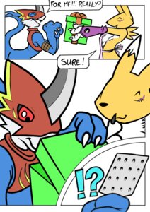 Rating: Safe Score: 0 Tags: anthro apron armband armor armwear bandai_namco black_sclera blue_body blue_skin bridal_gauntlets canid canine cheese_grater chest_tuft clothing comic dialogue digimon digimon_(species) duo e621 english_text eyes_closed feet female flamedramon fur gadonstriom gift hindpaw horn male mammal nanogrrr paws red_eyes renamon scalie simple_background standing tail text tuft white_background white_body white_fur yellow_body yellow_fur yin_yang User: bunchy7s
