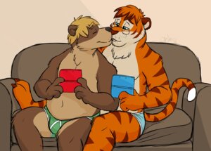Rating: Safe Score: 0 Tags: anthro bear blonde_hair briefs brown_body brown_fur burrbles chest_tuft clothed clothing cuddling duo e621 electronics eyes_closed eyewear felid fur game_console glasses green_eyes hair kissing male male/male mammal navel nintendo nintendo_ds nintendo_ds_family october_tiger opturk orange_body orange_fur orange_hair overweight pantherine sitting stripes tiger topless tuft underwear User: bunchy7s