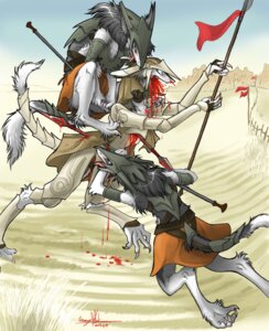 Rating: Questionable Score: 0 Tags: 2007 anthro armor banner battle blood blue_eyes bodily_fluids breastplate city claws digital_media_(artwork) e621 fence fur furgonomics gore grass greaves grey_body grey_fur group headgear helmet holding_object holding_weapon killing male mammal melee_weapon mick39 outside pauldron pawpads pike_(weapon) plant plate_mail polearm sand sergal spear stab tail tail_armor tail_tuft tongue tongue_out tuft weapon white_body white_fur wounded User: bunchy7s