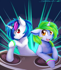 Rating: Safe Score: 0 Tags: 2012 blue_hair bracelet disc disc_jockey duo e621 equid equine eyewear female friendship_is_magic fur glasses glowstick goggles green_eyes grey_body grey_fur hair hasbro hi_res horn jewelry mammal multicolored_hair my_little_pony mythological_creature mythological_equine mythology night_creep orange_eyes record record_player red_eyes smile sunglasses two_tone_hair unicorn vinyl_scratch_(mlp) white_body white_fur User: bunchy7s