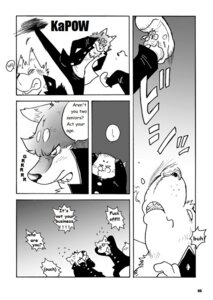 Rating: Safe Score: 0 Tags: anthro canid canine canis comic dialogue domestic_dog duo e621 english_text greyscale hard_translated kick male mammal monochrome text third-party_edit translated translation_edit wantaro User: bunchy7s