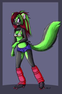 Rating: Safe Score: 0 Tags: anthro bikini bottomwear breasts cleavage clothed clothing countershading critter_rhode_(character) e621 female fluffy fluffy_tail footwear green_body green_countershading green_hair green_markings hair leg_warmers legwear looking_at_viewer mammal markings mephitid nalem_(artist) pink_hair quad_skates roller_skates shorts simple_background skating skimpy skunk solo swimwear tail two-piece_swimsuit User: bunchy7s