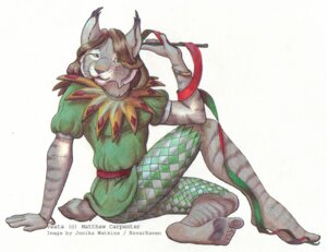 Rating: Safe Score: 0 Tags: anthro bangle belt bracelet brown_hair clothed clothing e621 english_text felid feline female fur gigot_sleeves green_clothing green_eyes green_shirt green_topwear green_tunic grey_body grey_fur hair holding_object holding_ribbon jenika_watkins jester jewelry legwear long_hair looking_at_viewer lynx mammal nevarraven open_palm pattern_clothing pattern_legwear plantigrade puffed_sleeves ruff_(clothing) shirt simple_background sitting solo striped_body striped_fur stripes text topwear tunic white_background User: bunchy7s