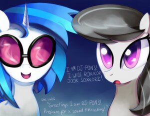Rating: Safe Score: 0 Tags: 2012 black_hair blue_hair dialogue duo e621 earth_pony english_text equid equine eyewear female feral friendship_is_magic glasses hair hasbro horn horse intralingual_translation leetspeak letter_replacement looking_at_viewer mammal my_little_pony mythological_creature mythological_equine mythology negativefox octavia_(mlp) pony purple_eyes smile sunglasses text translated translation_within_image translator's_note unicorn vinyl_scratch_(mlp) User: bunchy7s