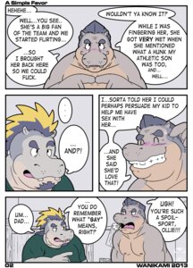 Rating: Questionable Score: 0 Tags: 2013 anthro bed biceps black_hair blonde_hair blush clothing comic common_hippopotamus dialogue duo e621 english_text facial_hair furniture goatee hair hi_res hippopotamid hyde_baysch male mammal muscular ollie_baysch overweight ponytail shirt slightly_chubby smile speech_bubble text topwear wanikami User: bunchy7s