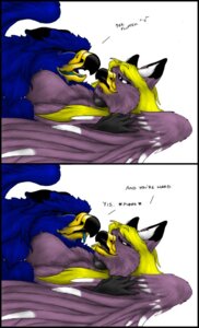 Rating: Questionable Score: 0 Tags: ^v^ anthro avian beak blonde_hair blue_body breasts dialogue duo e621 english_text feathered_wings feathers female gryphon hair humor male male/female mythological_avian mythological_creature mythology nipples non-mammal_breasts non-mammal_nipples porn_dialogue purple_body simple_background text unknown_artist white_background wings User: bunchy7s