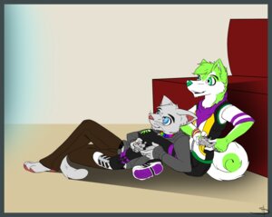 Rating: Safe Score: 0 Tags: akita anthro canid canine canis clothing controller domestic_cat domestic_dog duo e621 felid feline felis game_controller gaming hi_res hoodie husky kerchief male mammal niic nordic_sled_dog playing_video_game purple_clothing scratchhusky spitz tail topwear vandal User: bunchy7s