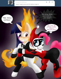Rating: Safe Score: 0 Tags: 2013 batman_(series) blackbewhite2k7 blue_eyes clothing crossover dc_comics dialogue duo e621 earth_pony english_text equid equine exclamation_point eye_contact female feral fool's_hat friendship_is_magic hair harley_quinn hasbro hat headgear headwear hi_res horn horse looking_at_another mammal my_little_pony mythological_creature mythological_equine mythology parody pink_hair pinkie_pie_(mlp) pony red_eyes tail text tumblr twilight_sparkle_(mlp) two_face unicorn User: bunchy7s