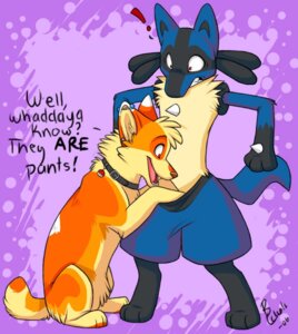 Rating: Questionable Score: 0 Tags: 2006 akitamonster ambiguous_gender anthro black_body black_fur blue_body blue_fur bottomwear canid canine canis clothing dialogue domestic_dog duo e621 english_text exclamation_point fur generation_4_pokemon lucario mammal nintendo pants pokemon pokemon_(species) tail text yellow_body yellow_fur User: bunchy7s