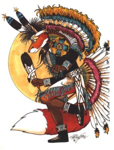 Rating: Safe Score: 0 Tags: 2002 absurd_res ambiguous_gender anthro biped black_body black_fur canid canine countershade_face countershading detailed_clothing dipstick_tail e621 feathers fox full-length_portrait fur hi_res holding_object mammal markings native_american portrait red_body red_fox red_fur signature smile solo tail tail_markings terrie_smith traditional_media_(artwork) tribal true_fox white_body white_fur User: bunchy7s