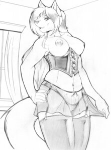 Rating: Questionable Score: 0 Tags: absolute_territory anthro blackfrost blackfrost_(character) bottomwear breasts canid canine canis clothed clothing conditional_dnp corset e621 female footwear garter_belt garter_straps graphite_(artwork) grey_bottomwear grey_clothing grey_legwear grey_topwear greyscale hand_on_hip lacing legwear lingerie mammal monochrome nipples panties scappo skirt socks solo tail thigh_highs thigh_socks topwear traditional_media_(artwork) translucent translucent_bottomwear translucent_clothing underwear wolf User: bunchy7s