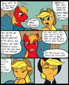Rating: Safe Score: 0 Tags: 2012 applejack_(mlp) bandage bed big_macintosh_(mlp) black_clothing blonde_hair bodily_fluids bone brooch brother_(lore) brother_and_sister_(lore) clothed clothing comic cowboy_hat dialogue digital_media_(artwork) duo e621 earth_pony english_text equid equine female feral flashback freckles friendship_is_magic funeral fur furniture hair hair_bun hasbro hat headgear headwear horse male mammal mane metal_(artist) my_little_pony orange_body orange_fur pillow pony red_body red_fur sibling_(lore) sister_(lore) skull speech_bubble tears text the_feels User: bunchy7s