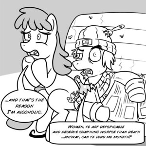 Rating: Safe Score: 0 Tags: 1:1 alcohol bench berry_punch_(mlp) beverage bottle clothing container cutie_mark cutlery duo e621 earth_pony equid equine female feral fork friendship_is_magic hasbro hat head_wound headgear headwear homeless horse kitchen_utensils male mammal monochrome my_little_pony newspaper on_bench pony simple_background tools toony unknown_artist work User: bunchy7s