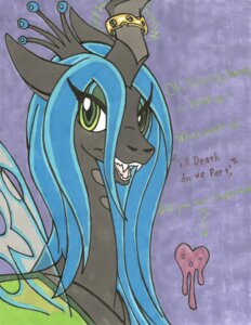 Rating: Safe Score: 0 Tags: anubislaughed arthropod blue_hair changeling_(mlp) crown e621 fangs female feral friendship_is_magic green_eyes hair hasbro headgear heart_symbol hi_res insect_wings my_little_pony purple_background queen_chrysalis_(mlp) simple_background solo teeth wings User: bunchy7s