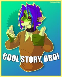 Rating: Safe Score: 0 Tags: anthro black_sclera border clothed clothing collar colorful_theme cool_story_bro digital_media_(artwork) double_thumbs_up e621 english_text gesture half-length_portrait hand_gesture image_macro impact_(font) male meme neon piercing pink_eyes portrait reaction_image shenanigan signature solo sparklefur species_request stretched_ears text thumbs_up yellow_border User: bunchy7s