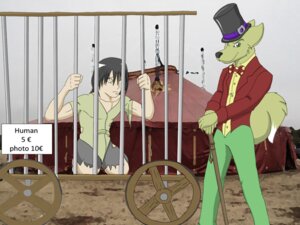 Rating: Safe Score: 0 Tags: 4:3 anthro bars black_tie_(suit) cage canid canine circus circus_tent clothing duo e621 grey_hair hair hat headgear headwear holding_fixture human male mammal master pole prisoner sand sign slave suit tail tent unknown_artist wheel User: bunchy7s