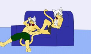 Rating: Safe Score: 0 Tags: anthro bottomwear clothed clothing collar d_robot duo e621 felid female furniture hi_res male mammal sibling_(lore) skirt sofa tail topless twins_(lore) User: bunchy7s