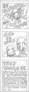 Rating: Questionable Score: 0 Tags: ambiguous_gender anthro black_and_white comic duo e621 elephant elephantid four_frame_image hi_res humor mammal monochrome pen_(artwork) proboscidean the_truth toony traditional_media_(artwork) tusks unknown_artist what what_has_science_done User: bunchy7s