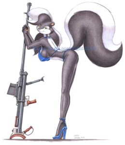 Rating: Questionable Score: 0 Tags: 2012 2013 anthro baron_engel bent_over bikini biped birthmark black_nose breasts butt clothed clothing distracting_watermark e621 female footwear fur green_eyes grey_body grey_fur grey_hair gun hair high_heels long_legs looking_at_viewer mammal markings mephitid multicolored_hair nipple_outline pinup pose raised_tail ranged_weapon rifle rosemary_parker_(character) scan shoes side_view simple_background skimpy skunk smile solo standing swimwear tail tight_clothing traditional_media_(artwork) two-piece_swimsuit two_tone_hair watermark weapon white_background white_hair User: bunchy7s
