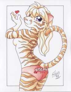 Rating: Questionable Score: 0 Tags: 2003 absurd_res anthro breasts butt clothed clothing e621 featureless_breasts felid female hair heart_symbol hi_res looking_at_viewer mammal michele_light pantherine panties pinup pose side_boob signature solo stripes thrown_kiss tiger topless traditional_media_(artwork) underwear User: bunchy7s