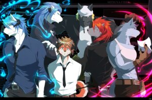 Rating: Safe Score: 0 Tags: abstract_background accessory anthro canid canine canis clothing domestic_dog e621 english_text group hair horn ig1119 kerchief long_hair looking_at_viewer male mammal necktie simple_background tail text weapon wolf User: bunchy7s