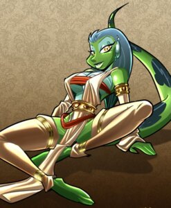 Rating: Questionable Score: 0 Tags: anthro armwear barefoot big_breasts biped blue_hair breasts clothed clothing detached_sleeves e621 federico federico_panella feet female front_view green_body green_scales hair iguana iguanid lizard looking_at_viewer low_res non-mammal_breasts quest_for_fun reptile scales scalie solo tail yellow_eyes zandria User: bunchy7s