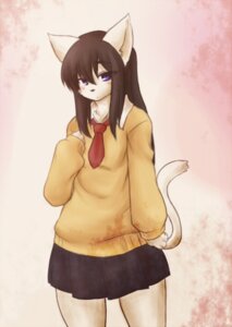 Rating: Safe Score: 0 Tags: abstract_background accessory anthro biped black_nose blush bottomwear breasts brown_hair clothed clothing domestic_cat e621 felid feline felis female fur hair half-closed_eyes kumainu long_hair looking_at_viewer mammal narrowed_eyes necktie purple_eyes shirt simple_background skirt small_breasts solo standing sweater tail topwear white_body white_fur User: bunchy7s