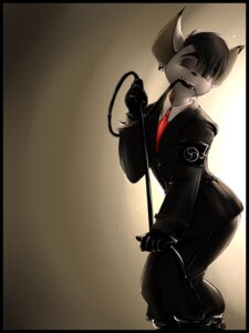 Rating: Questionable Score: 0 Tags: 3:4 accessory anthro black_hair clothed clothing coffinberry e621 fully_clothed gloves hair handwear hyena leather male mammal necktie solo spotted_hyena suit whip User: bunchy7s