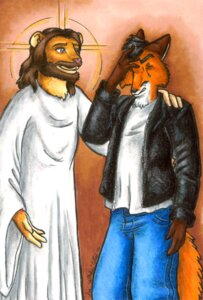 Rating: Safe Score: 0 Tags: anthro beard brown_hair canid canine christianity duo e621 facepalm facial_hair felid fox hair hollyann humor jesus_christ leather lion male mammal pantherine religion tail traditional_media_(artwork) User: bunchy7s
