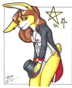 Rating: Explicit Score: 0 Tags: 2009 anthro biped breasts brown_eyes brown_hair clothed clothing coat e621 ear_piercing female footprint genitals hair hat headgear headwear holding_clothing holding_hat holding_headgear holding_headwear holding_object kimmy_(os) lagomorph leporid long_hair looking_at_viewer mammal markings nipples open_clothing open_shirt open_topwear os pawprint pawprint_(marking) piercing rabbit shirt simple_background solo standing top_hat topwear vulva User: bunchy7s