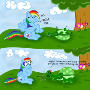 Rating: Safe Score: 0 Tags: 1:1 angry blue_body blue_feathers blue_fur comic dialogue e621 english_text equid equine eye_contact feathered_wings feathers female feral friendship_is_magic fur hair hasbro hi_res humor looking_at_another lying mammal misskiwi multicolored_hair multicolored_tail my_little_pony mythological_creature mythological_equine mythology on_back pegasus rainbow_dash_(mlp) rainbow_hair rainbow_tail reptile scalie sitting tail tank_(mlp) text tortoise turtle what wings User: bunchy7s